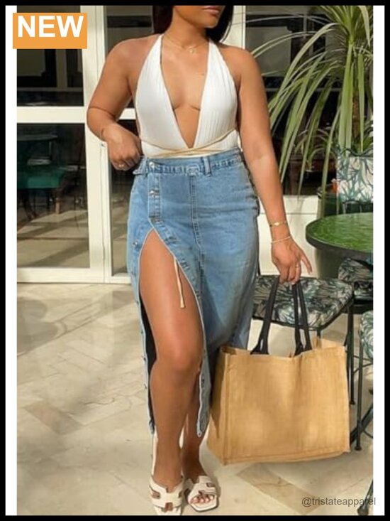 Dresses & Skirts - High Waisted Maxi Denim Skirt with Slit Button Down Y2K Vintage Jean Skirt